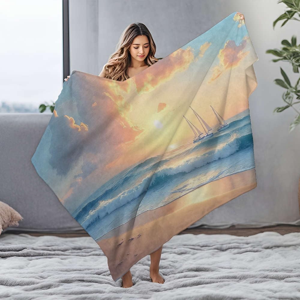 Couverture polaire flanelle lit king size plaid ocean soleil couchant