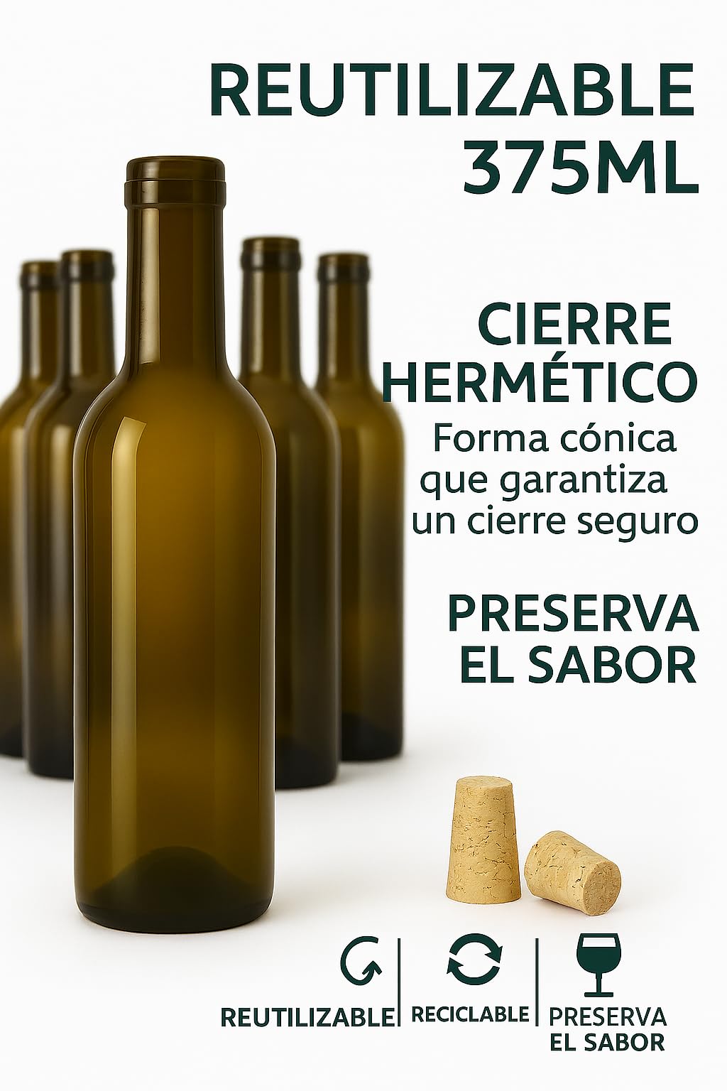 Botellas de Vino 375 ml Pack 18 Cristal Ámbar/Canela Corcho Cónico Bordelesa