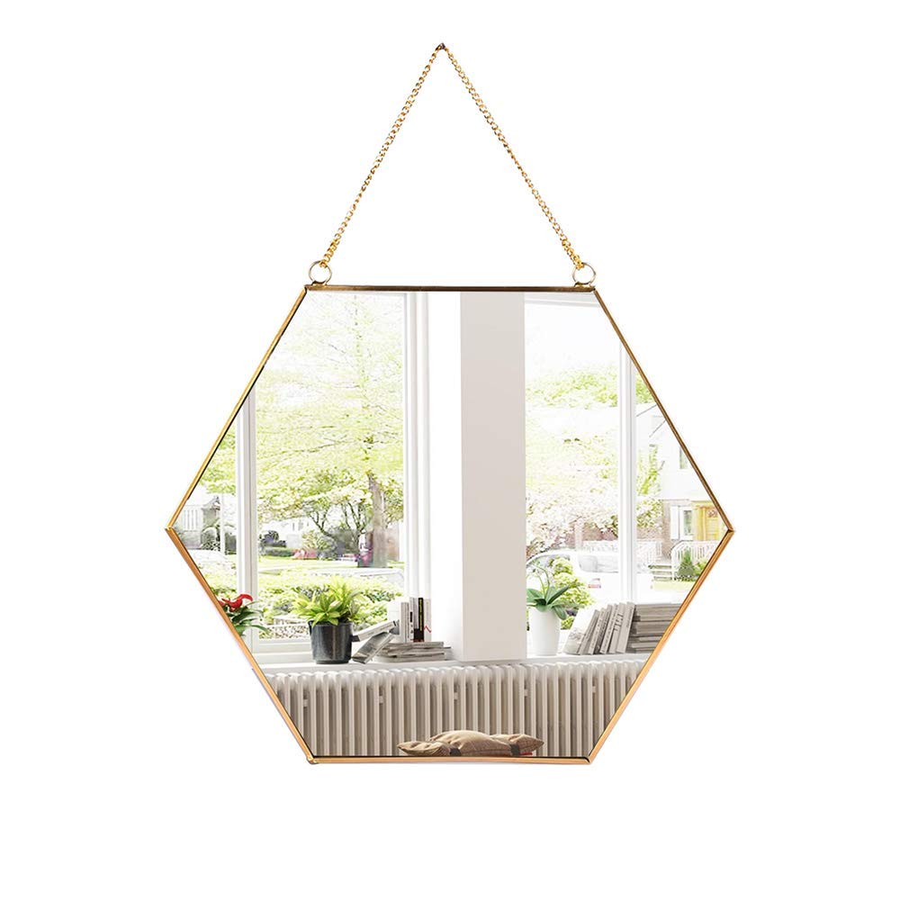 C&Z Wiszące ścienne sześciokątne lustro dekoracja złote geometryczne lustro w stylu vintage z łańcuszkiem do łazienki sypialni salonu 30 cm x 26 cm