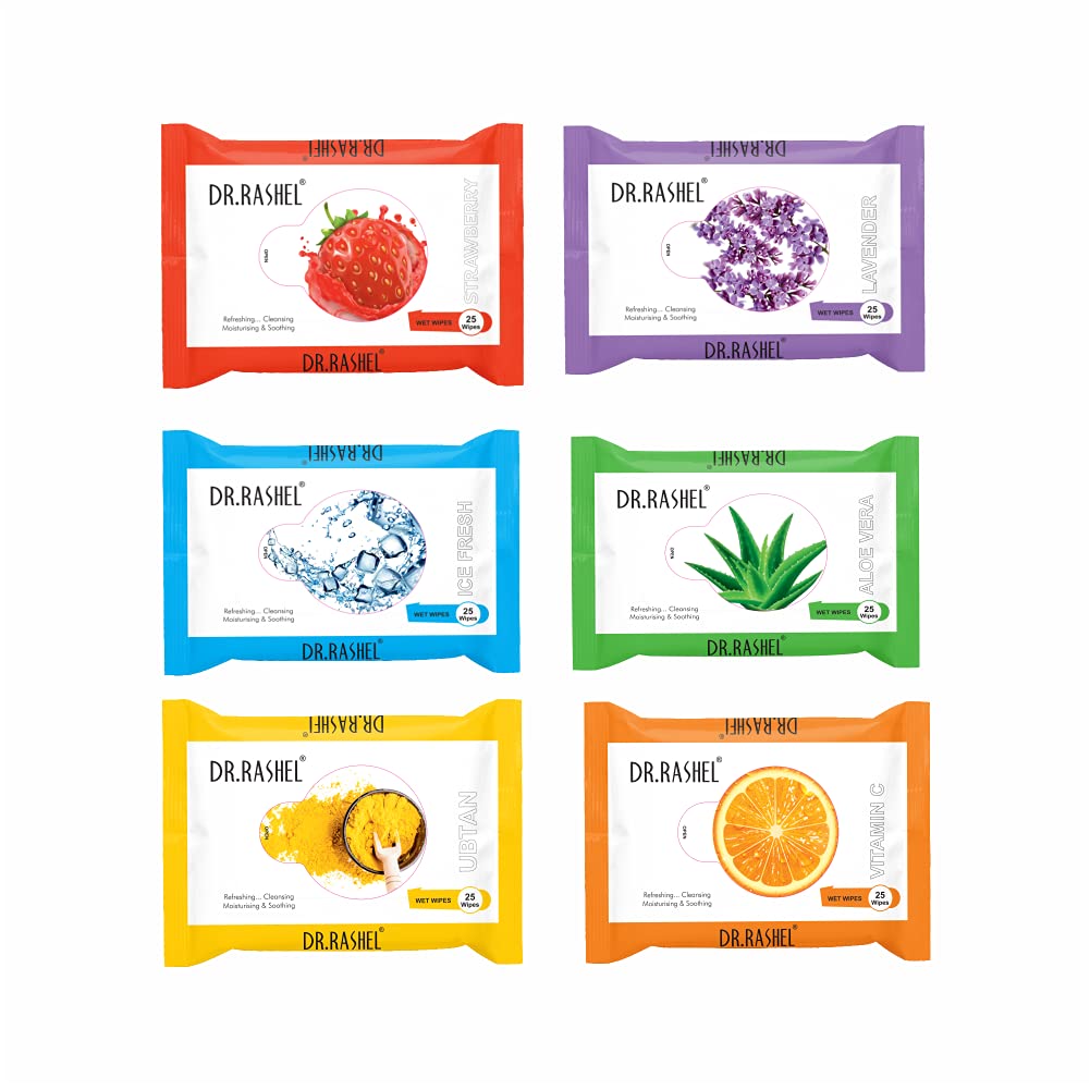 DR.RASHEL Pack of 6 Face Wipes, Boosts Skin Oxygen, Clear Dirt, Remove Makeup, Gives Fresh and Glowing Skin. Strawberry, L...