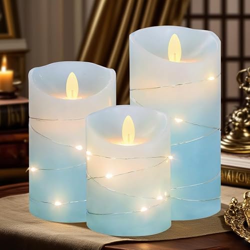 Miniatura 4 de Velas azules de Navidad sin llama con tira de luces, velas de cera real con mecha móvil, funciona con pilas con control remoto y temporizador,