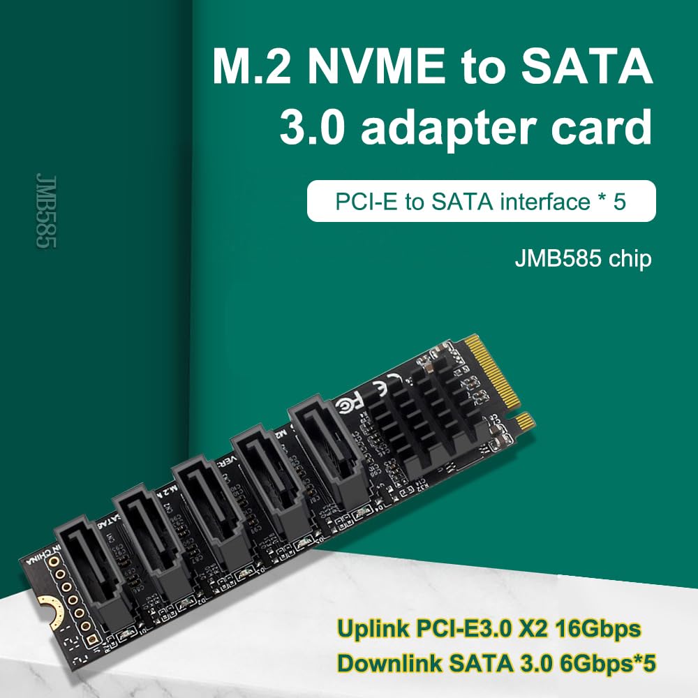 POFET Adattatore NVME a SATA M.2 a SATA a 5 porte con dispositivo di raffreddamento in alluminio JMB585 e funzione PM