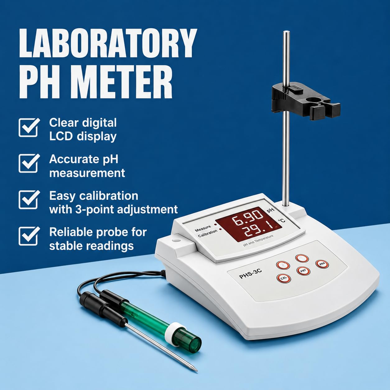 Medidor de pH de laboratorio de mesa, medidor de acidez de escritorio con pantalla LED, soporte, 2 electrodos de pH/temperatura y calibración automática de 2 puntos