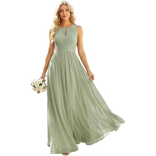 Ever-Pretty Women's Chiffon Sleeveles Bridesmaid Dress Ruched A Line Hollow Out Crew Neck Formal Wedding Guest Dresses