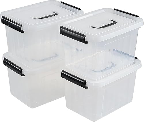 Miniatura 8 de Caja de almacenamiento de plástico transparente de 23 L con tapa, contenedor de almacenamiento apilable con ruedas y hebillas de cierre seguro, 4