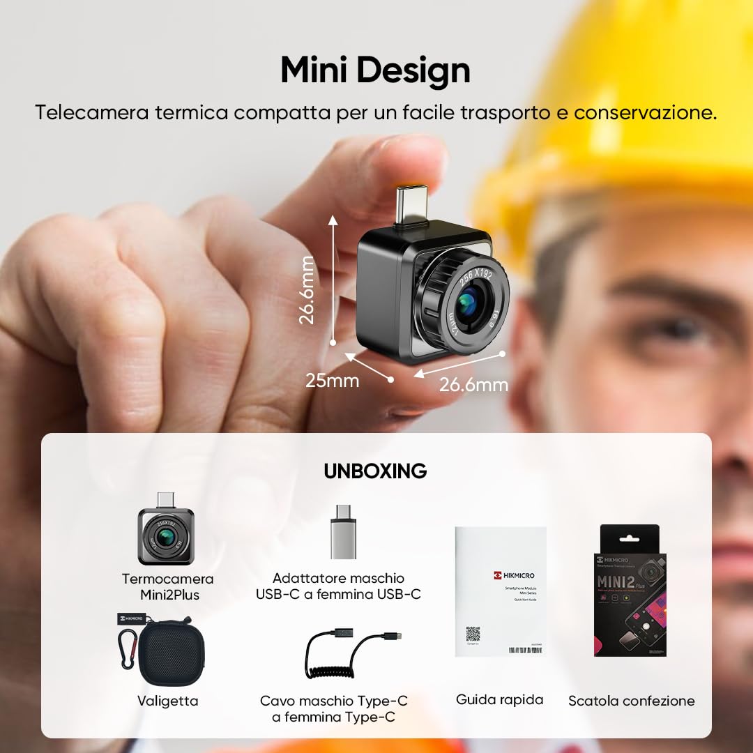 Termocamera HIKMICRO Mini2Plus per Android, risoluzione IR 256 x 192, frequenza di aggiornamento 25 Hz, messa a fuoco manuale, FOV 50°, 49.152 pixel, da -20 °C a 350 °C, USB-C (non per iPhone)