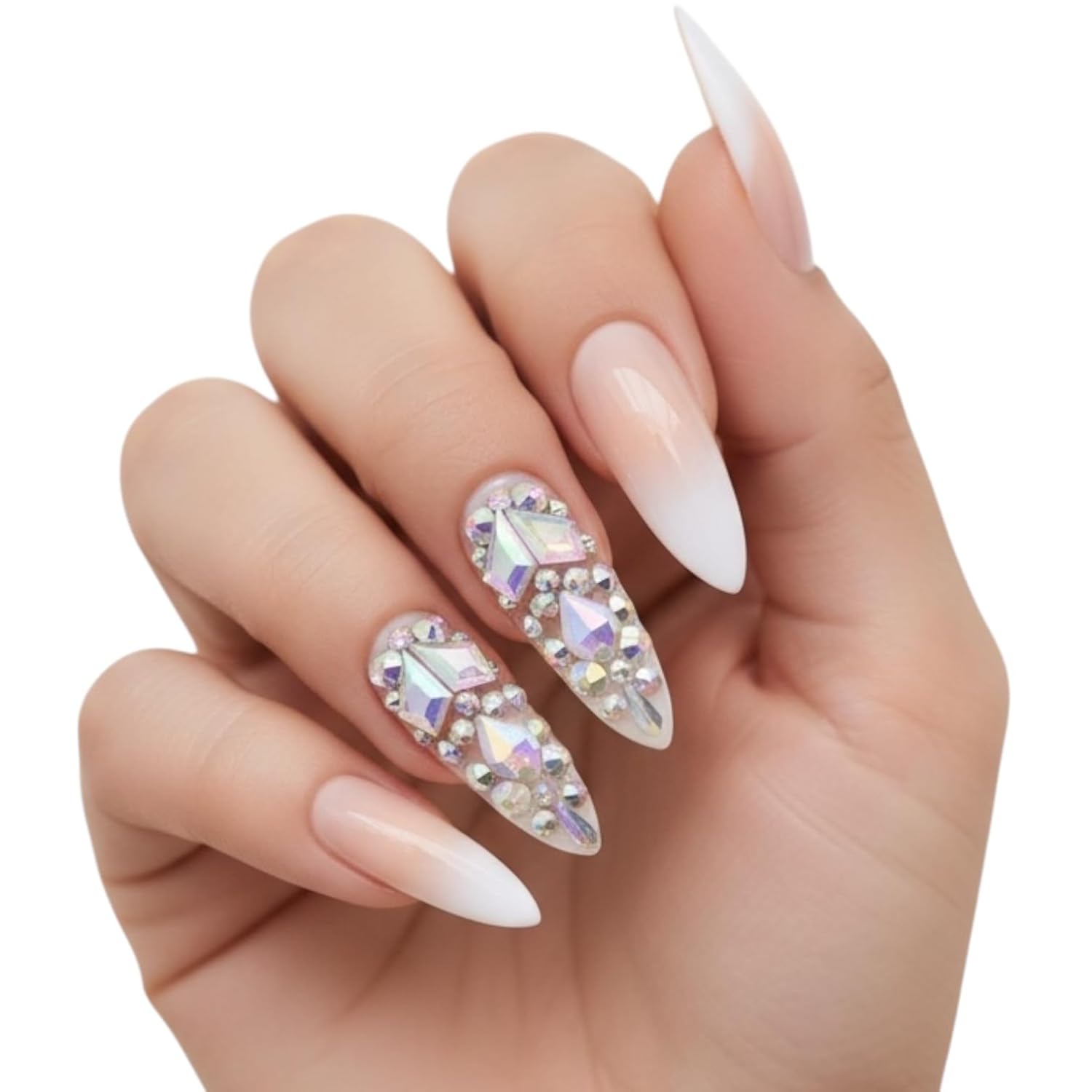 Natural Nude Pink Ombre White French 3D Crystal Design Press On Nails, Extra Long Sharp Stiletto Fake Nails with Rhinestones and Nail Glue, Reusable Nail Tips - Glue On Nails 24 Nail Kit, Ice Queen