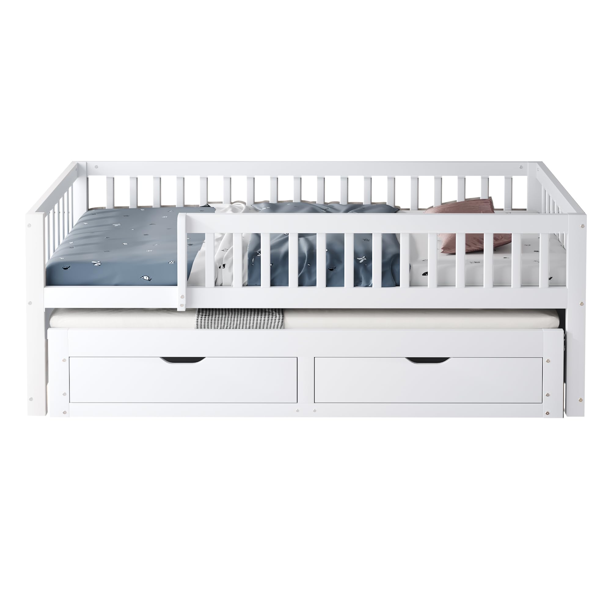 Sofá cama de madera maciza 90 x 200 cm, rejilla de protección completamente cubierta, cama extraíble con 2 cajones debajo, somier de láminas, estructura de cama, muebles de dormitorio
