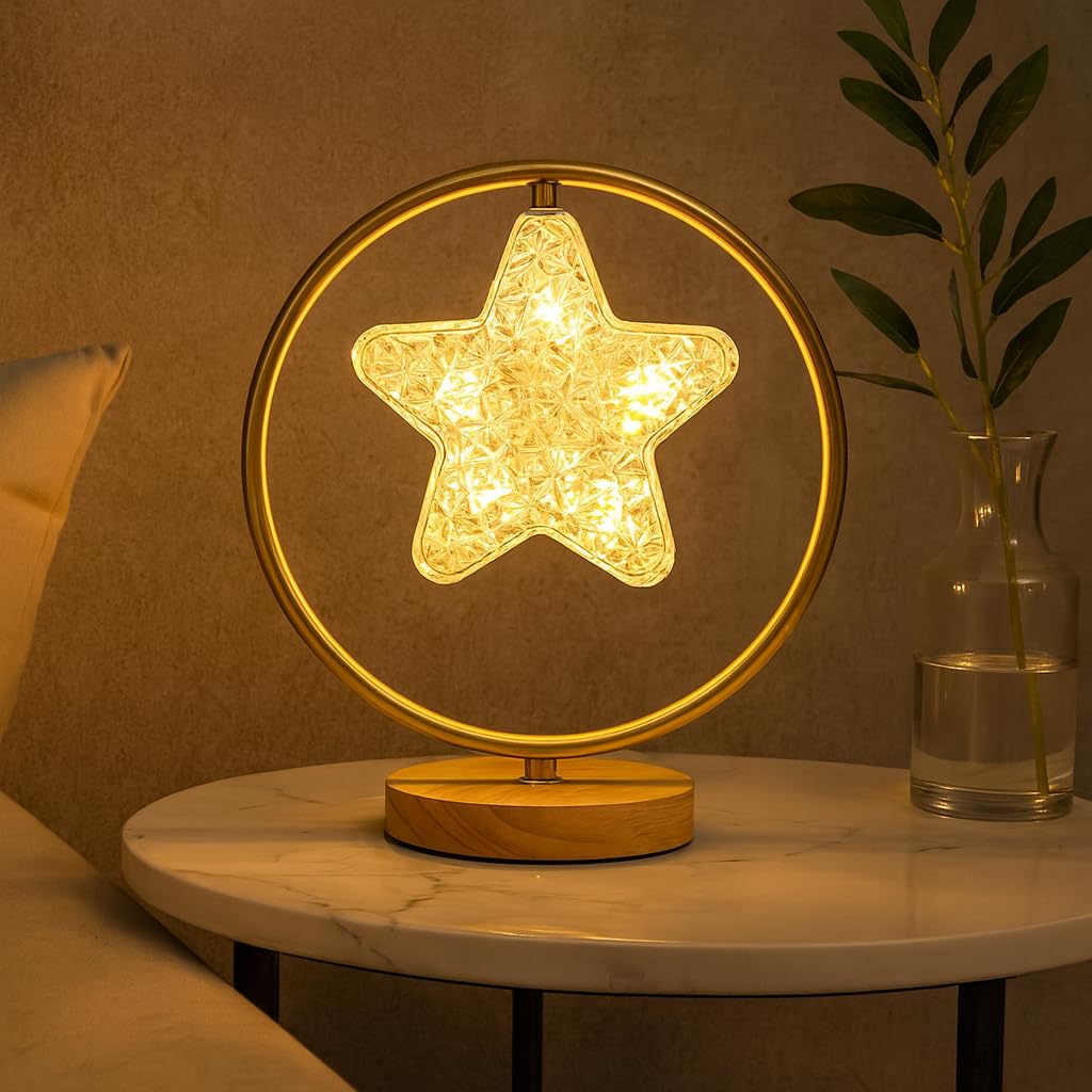 The Better Home Dimmable Table Lamp for Bedroom-29cm| Wood Base with Acrylic Shade | Attached SMD Led Bulb | Aesthetic Table Lamp for Living Room-Star Shaped | Gift