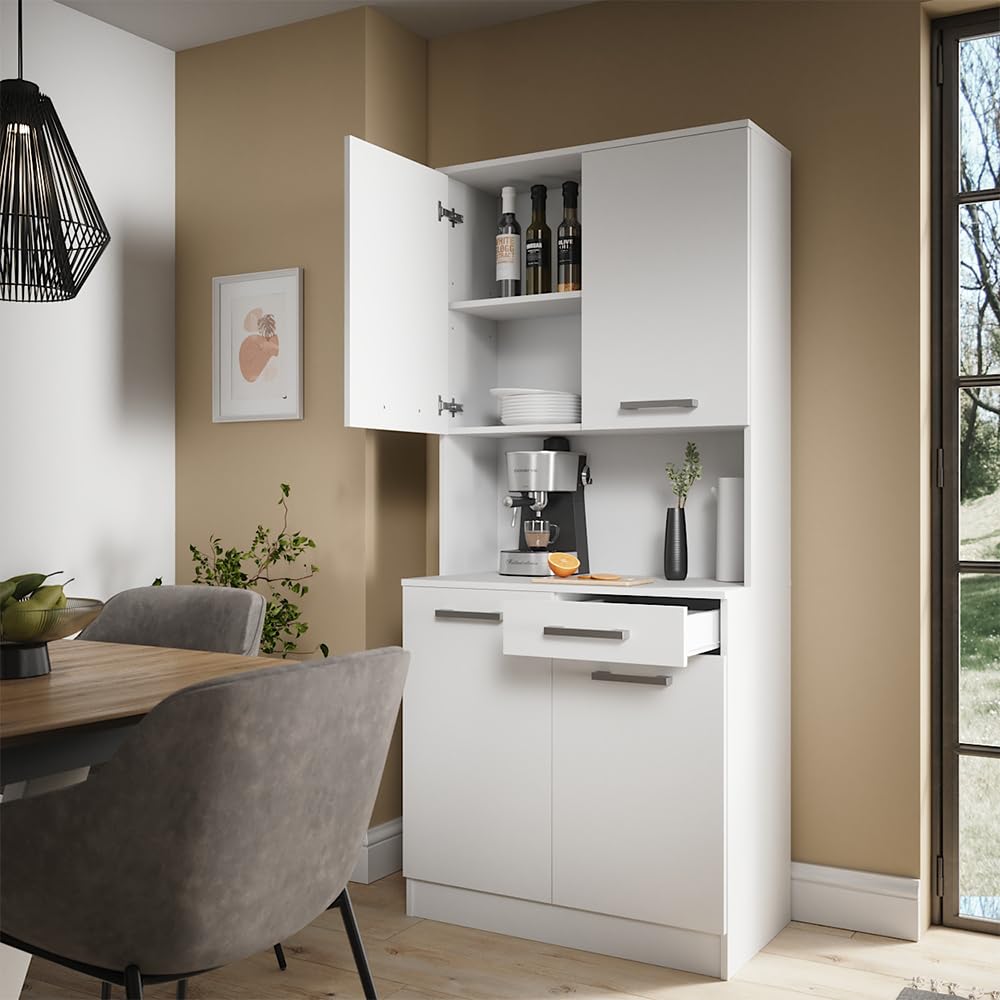 Vicco Küchenbuffet Raul, Weiß, 83.6 x 188.5 cm mit 4 Türen & 1 Schublade, mit offener Geräteablage und kombinierbar mit Zusatzmodulen
