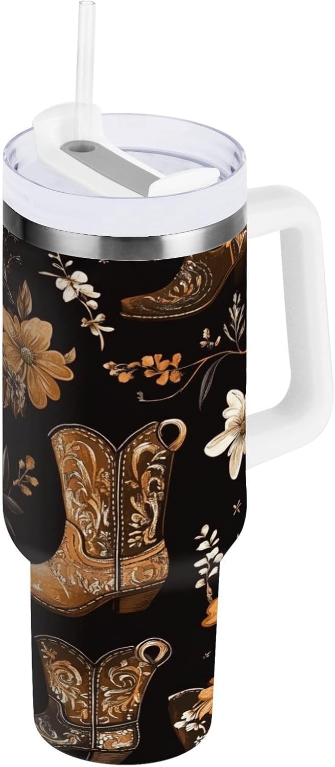 Western Cowboy Boots 40 oz Tumbler Flowers Insulated Travel Mug with Handle and Straw Lid Stainless Steel Vacuum Coffee Cup Tea Beverage Container Water Bottles for Car Sports office