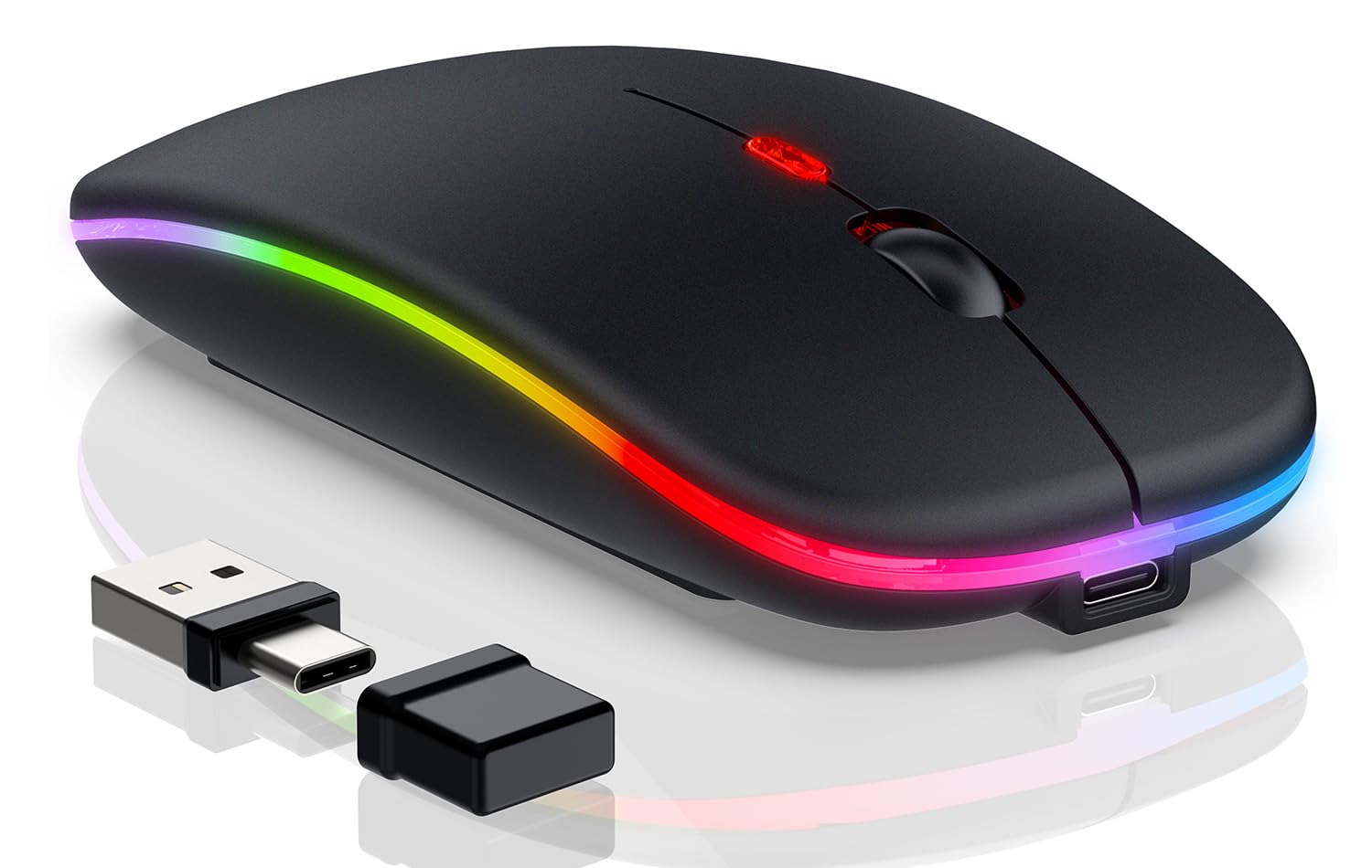 FYBC LED Wireless Mouse - Bluetooth Computer Mice with Jiggler Mice Mover, RGB, Rechargeable, Slim, Optical Portable 2 Mode Bluetooth & 2.4G USB C Laptop Mouse for MacBook Air/Pro PC Mac iPad - Black