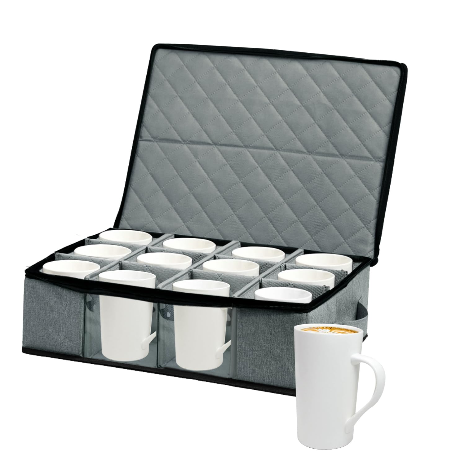 Boczif Aufbewahrungsbox für Kaffeetassen, Aufbewahrungsbehälter für 12 Gläser, Kaffeebecher und Teetassen, gepolsterter Geschirrkoffer mit Trennwänden für Teller, Tassen und Besteck