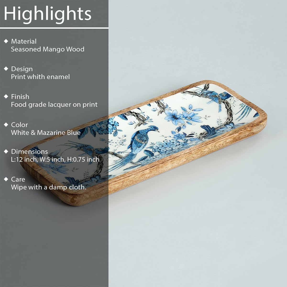 SAAGA Mango Wood Florida Printed Rectangular Platter - 12 Inch X 5 Inch - Tray for Kitchen & Dining, Ideal for Snacks, Fruits, & Desserts - Brown & White 2