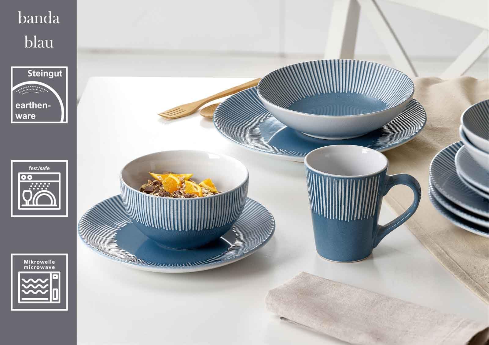 Ritzenhoff & Breker Banda Frühstücks-Set 18-teilig, Teller (21 cm) Schalen (14 cm) und Becher (315 ml) mit Streifen-Relief, Minimalistisches Geschirr in Coupe-Form, Spülmaschinenfest, Steingut, Blau