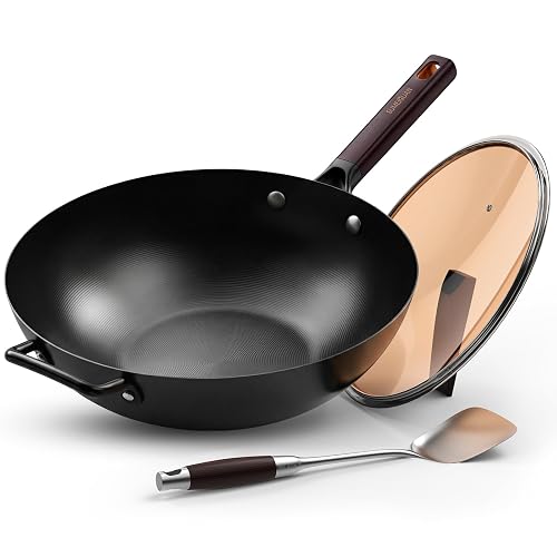 13.5' Carbon Steel Wok Pan - Pre-Seasoned Flat Bottom Woks & Stir-fry Pans Chinese Cookware with Lid & Spatula - For Pan