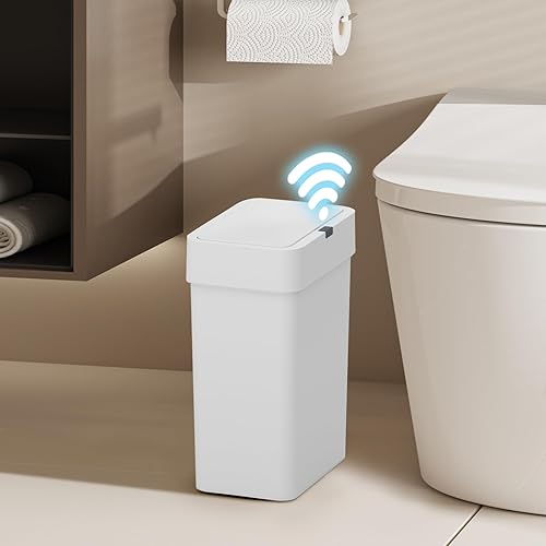 ELPHECO Basurero de baño con tapa, sensor de movimiento de 2.5 galones, pequeño cubo de basura delgado sin contacto, decoración de baño, cesta de