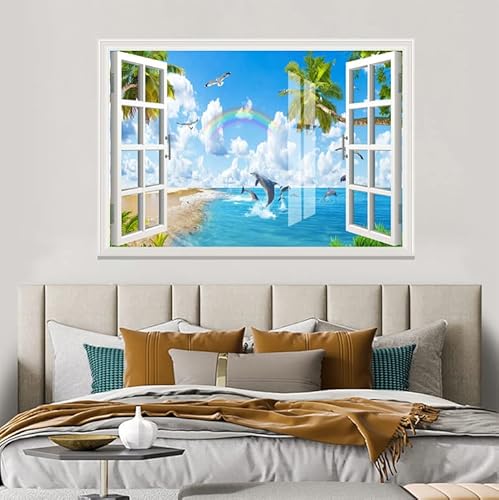 Sijifacai 3D Fake Windows/Waterproof Wall Sticker/Self Adhesive Wall Mura/3D Mural - Seagull Dolphin Seascape Decor, Creative Window View Wall Decor - 35"X24" #TOP3