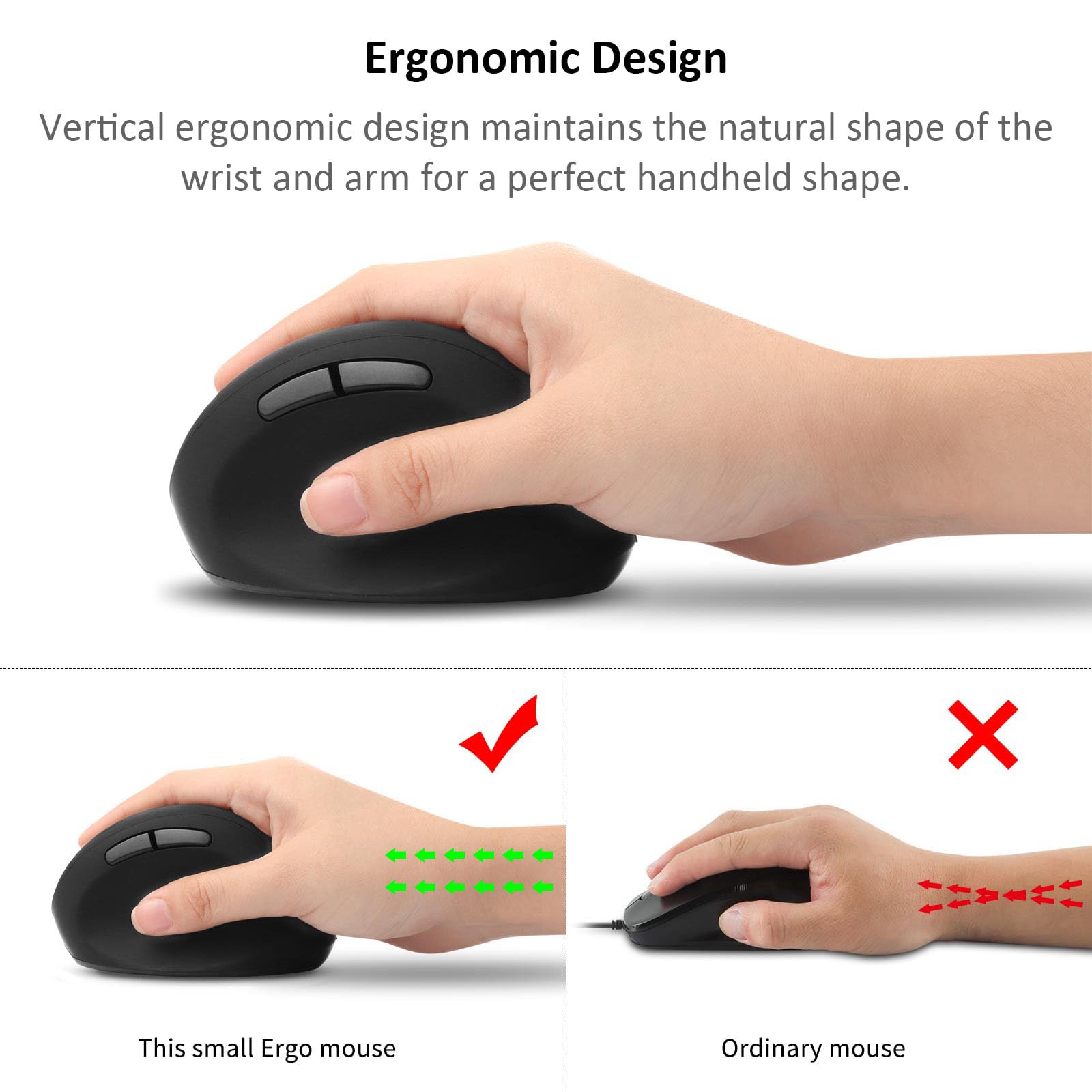 Mouse verticale senza fili, 2,4 G, ricaricabile, ergonomico, ad alta precisione, ottico, senza fili, con 6 pulsanti, regolabile in 3 DPI, ricevitore USB per laptop, PC, Mac, notebook (nero)