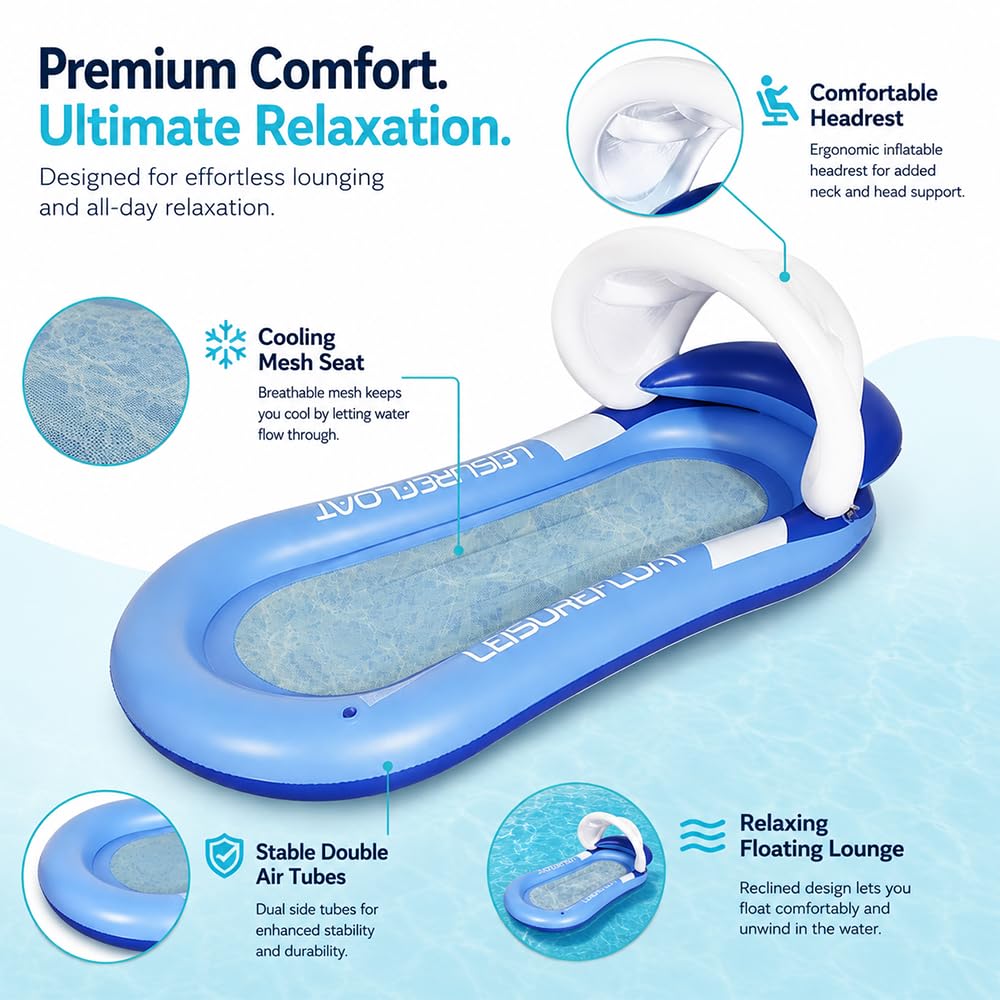 Matelas Gonflable Piscine 185x170 Cm - Coussin + Porte-gobelets - 2-4 Personnes