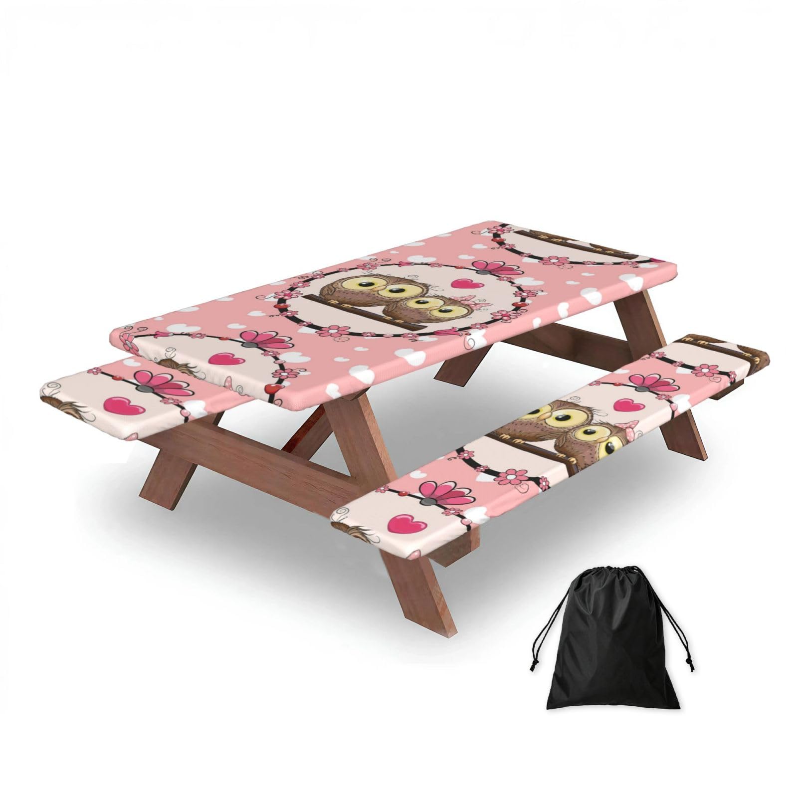 Two Cute Cartoon Owls, Picnic Table Cover With Bench Covers -Waterproof Elastic Fitted Tablecloth for Garden Camping Patio 76x152cm