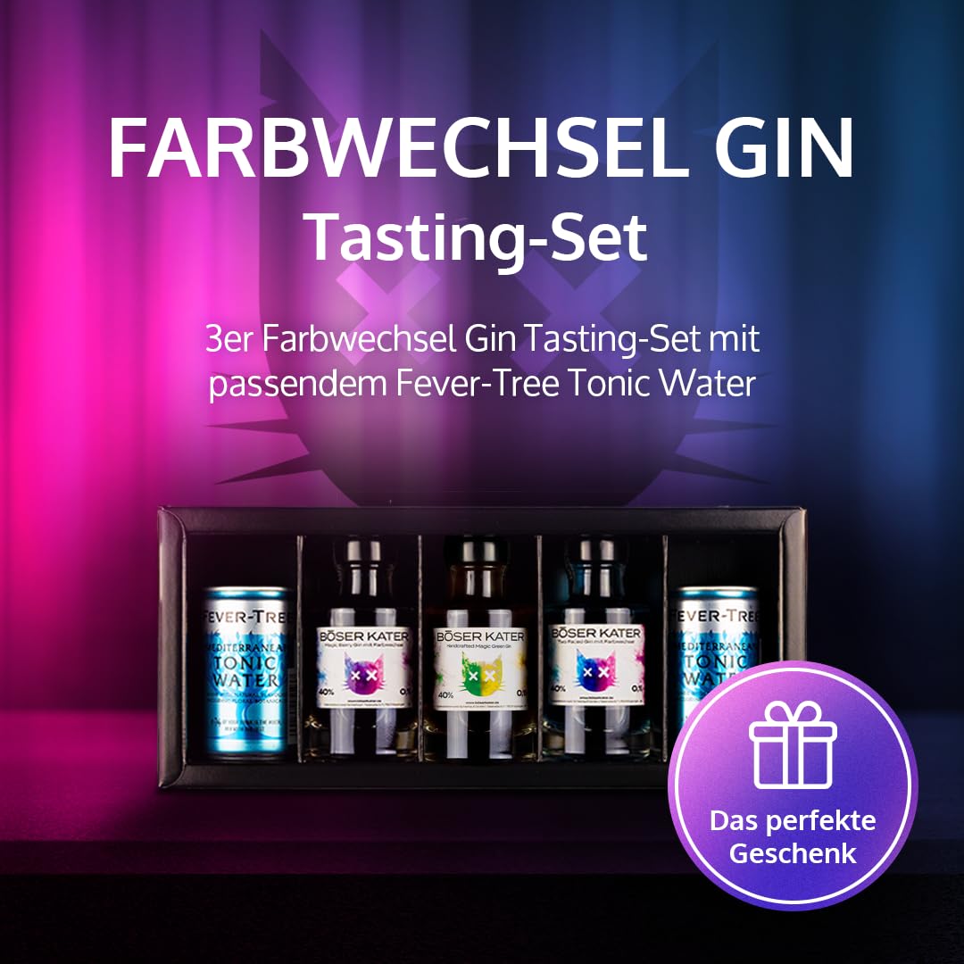 BÖSER KATER Farbwechsel Gin Tasting-Set | Hochwertige Geschenkbox | Perfekte Geschenkidee | 3 Sorten Farbwechsel Gin + 2 Dosen Fever Tree Tonic Water | für bis zu 5 Personen | 300 ml 40% Vol.