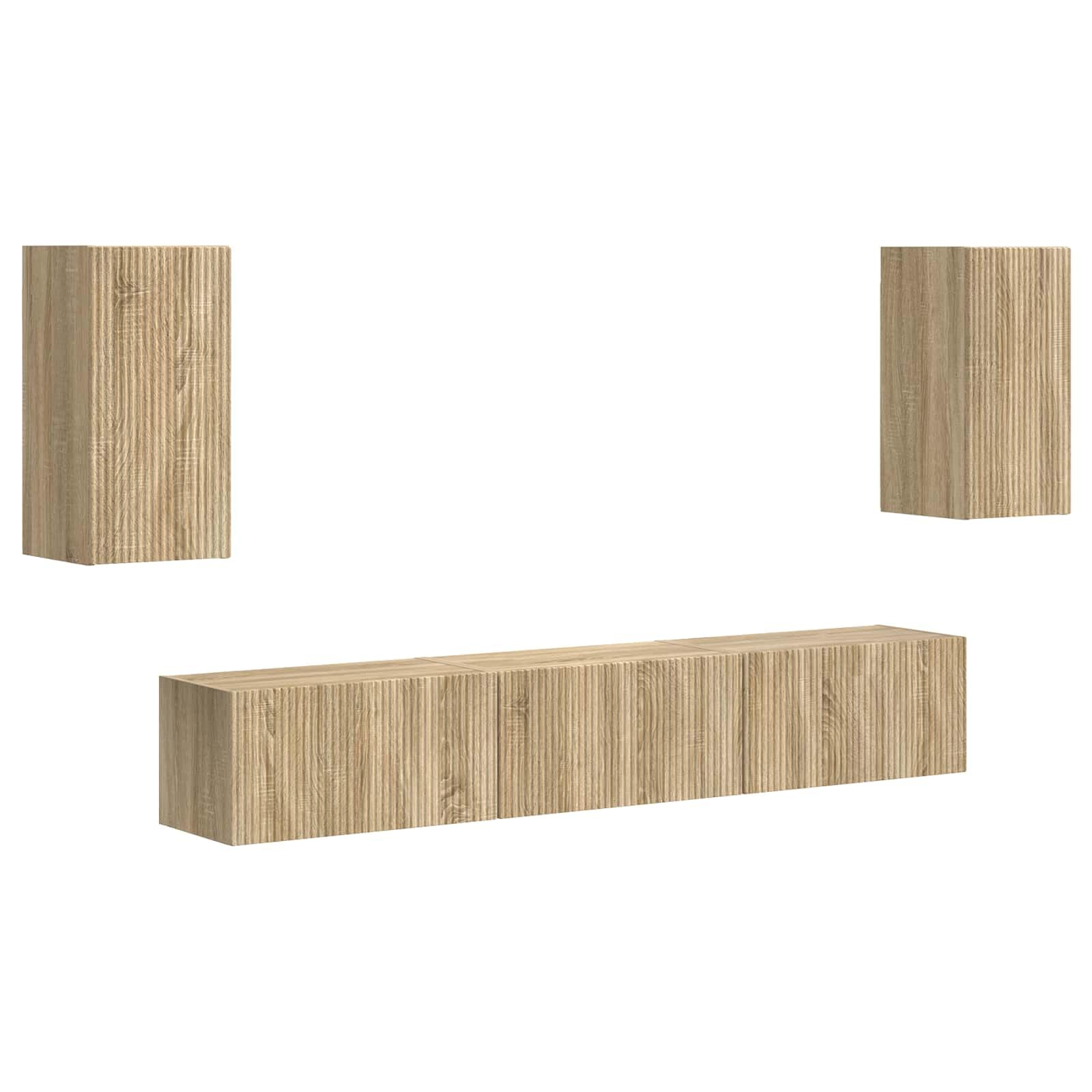 Moderno mueble de TV montado en la pared de 5 piezas en roble Sonoma de madera, compuesto por dos armarios de pared y tres armarios de TV para un amplio almacenamiento de dispositivos