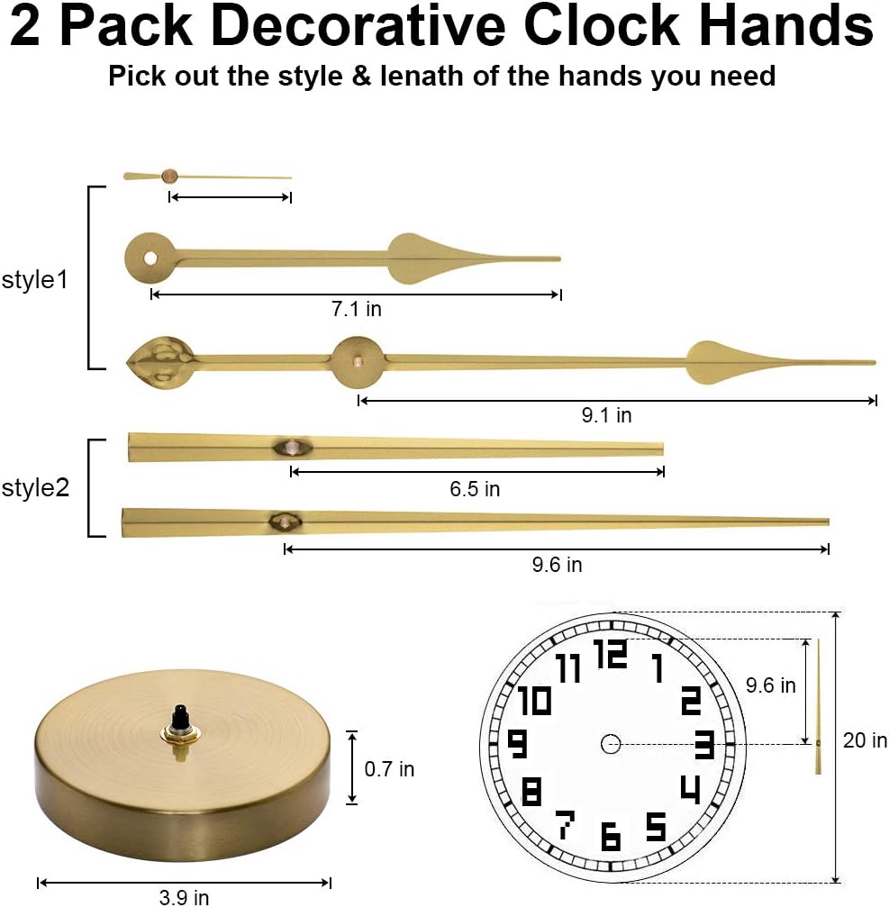 EMOON 2 Pair Hands 3D Clock Movement DIY Large Wall Clock Quartz Clock Mechanism for Home Art Decor (Black) (Gold)