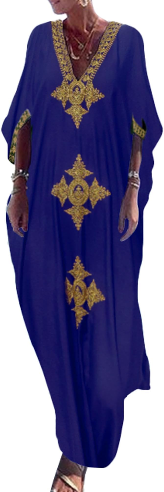 Gold Embroidery Long Kaftan Dresses V Neck Caftan Dress Beach Cover Ups for Women Embroidery