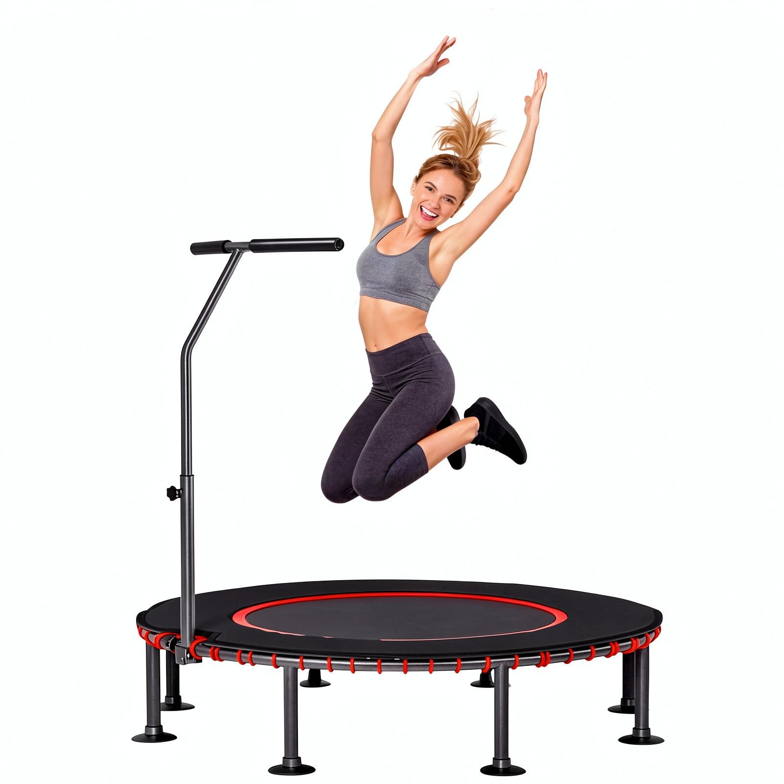 LIFERUN Ø102/122cm Fitness Trampolin Indoor mit Randabdeckung, bis 150kg, 3-stufiger Haltegriff, ohne Montage, geräuscharme Gummiseilfederung, für Erwachsene und Kinder, für drinnen und draußen