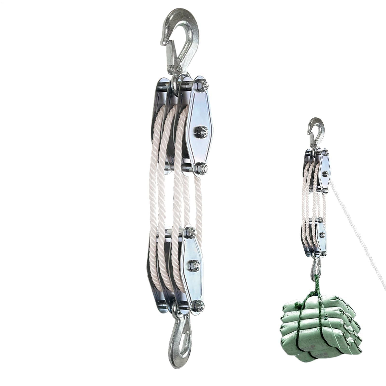 Block and Tackle - Sistema di pulegge in acciaio resistente per sollevamento carichi pesanti, kit di sollevamento Ga & Worhop con corda e pulegge, soluzioni di sollevamento fai da te