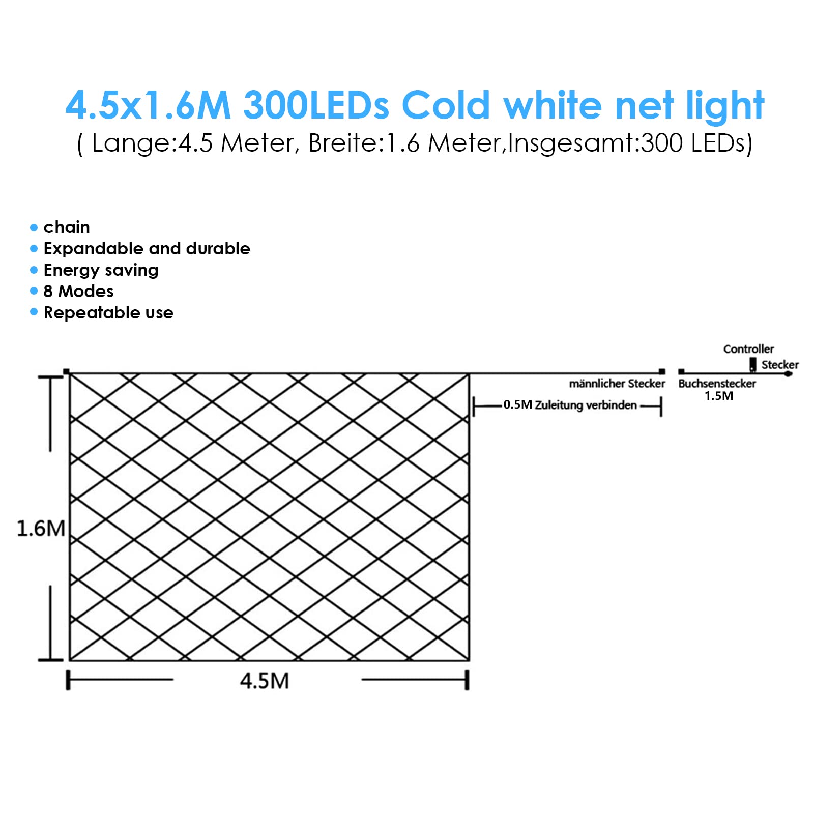 Daromigo Siatka świetlna LED, 300 diod LED, zimna biel, dekoracyjna lampa do użytku wewnątrz i na zewnątrz, z wtyczką (4,5 x 1,6 m, 8 trybów)