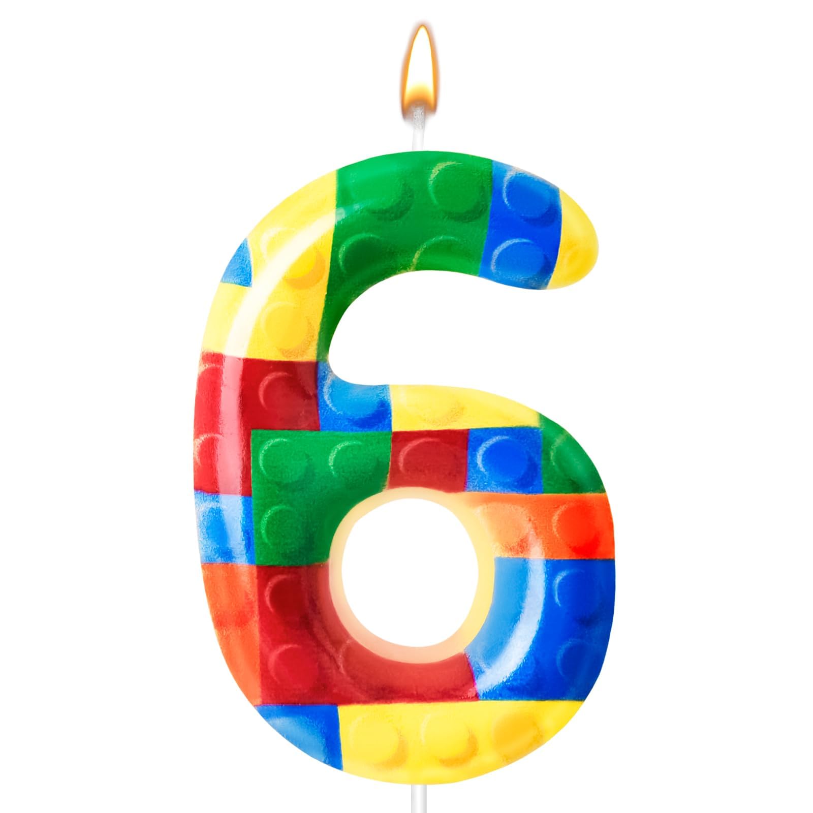Building Block Themed Birthday Candle Number 6 Candle Birthday Party Decoration Cake Topper for Building Block Party Decoration Theme Parties Supplies