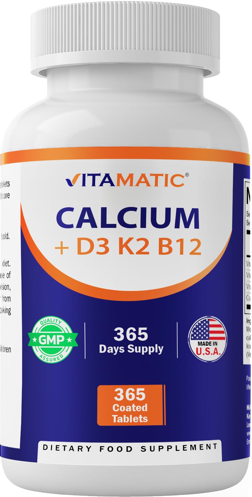 Vitamatic Calcium Supplement 1200mg with D3, K2 & B12, Immune & Bone Health Support - 365 Coated Tablets