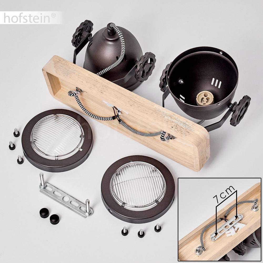 Plafonnier Herford en bois, verre & métal brun/noir, 2 spots de plafond retro-industriels pivotants, luminaire idéal dans un salon vintage, pour 2 ampoule GU10, ampoule(s) non incluse(s)