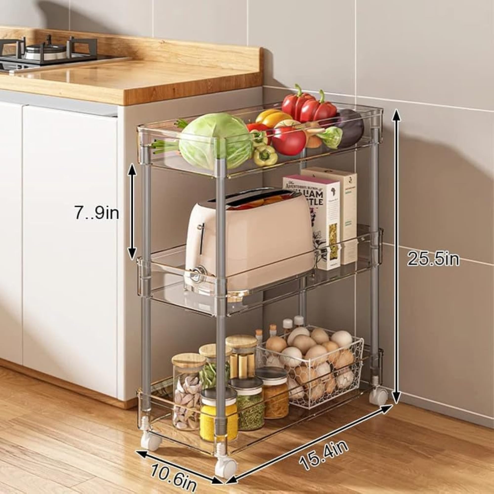 3 Tier Slim Trolley Rack with Wheels, Acrylic and Metal