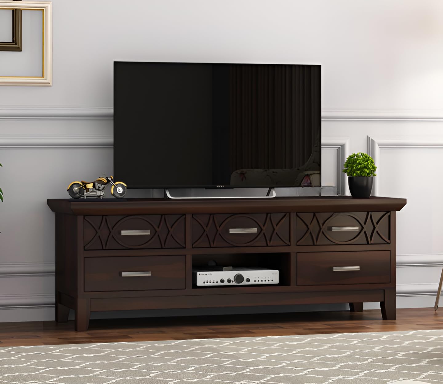 SANPNEET Solid Sheesham Wood Wooden Tv Unit for Living Room|Tv Cabinet with 1 Shelves & 5 Drawers Storage Free Standing Movable Tv Unit(Walnut Finish)-image-9