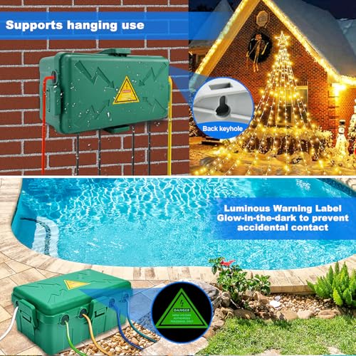 Image of Hrensaw Medium Outdoor Electrical Box(10.6x5.7x4.9inch),Weatherproof Connection Box w /6 Cable Entry,IP54 Waterproof Extension Cord Cover Protect Power Strip,Timer,Plug,Holiday Lights,Green