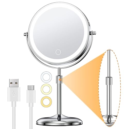 Gospire 7" Lighted Makeup Mirror with Magnification 10X/1X, Height Adjustable & 3 Color Dimmable Lights, 360° Swivel Double Sided Light up Rechargeable LED Cosmetic Vanity Cordless Standing Mirror - 16"L x 7"W - Silver