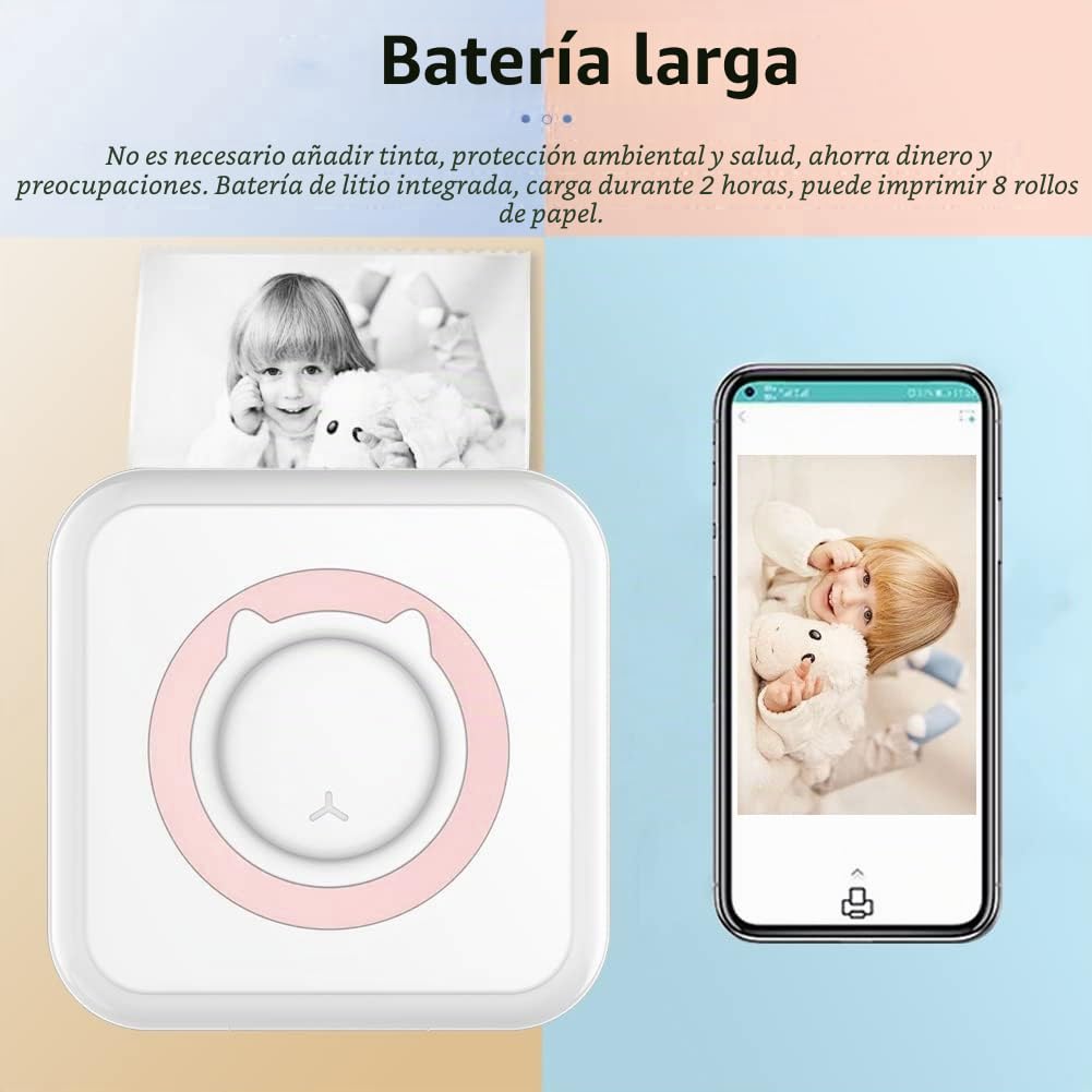 WANGCL Mini impresora fotográfica portátil de bolsillo sin tinta con 13 rollos de papel para teléfonos inteligentes inalámbricos iOS/Android (rosa)