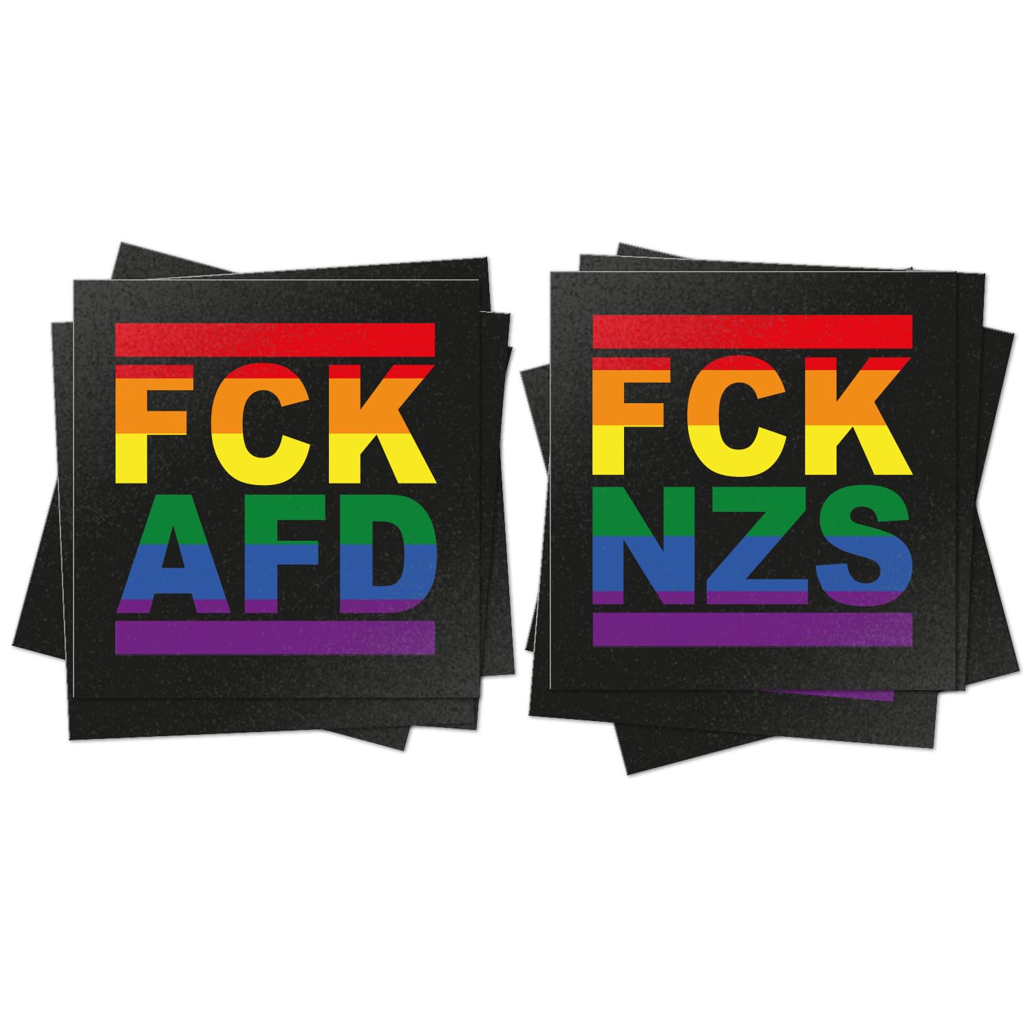 100x farbige Sticker 50x FCKAFD + 50x FCKNZS - Regenbogen 7,4 x 7,4 cm - Politisch Links Outdoor Sticker Aufkleber groß FCK AFD & NZS bunt