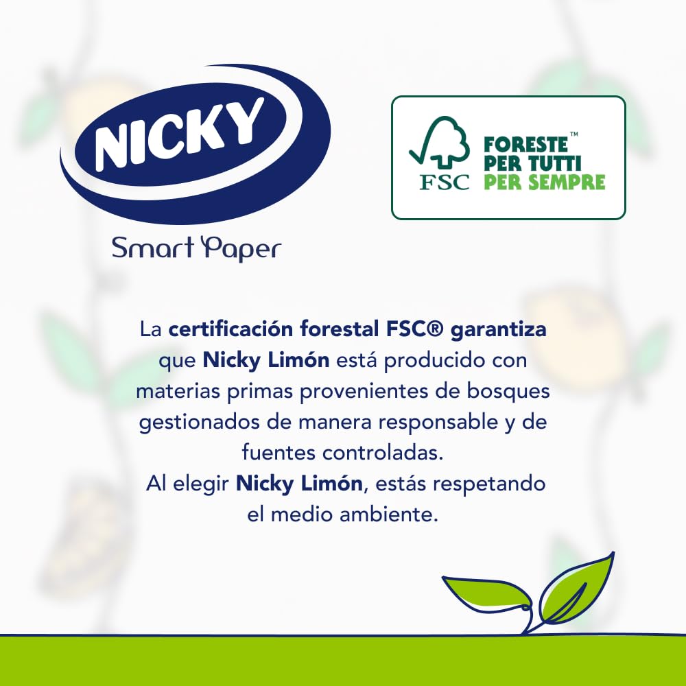 Nicky Limón Papel de Cocina, 2 Rollos, Hojas de 2 Capas, 100 Hojas por Rollo, Papel Súper Absorbente Perfumado al Limón, Papel 100% Certificado Fsc