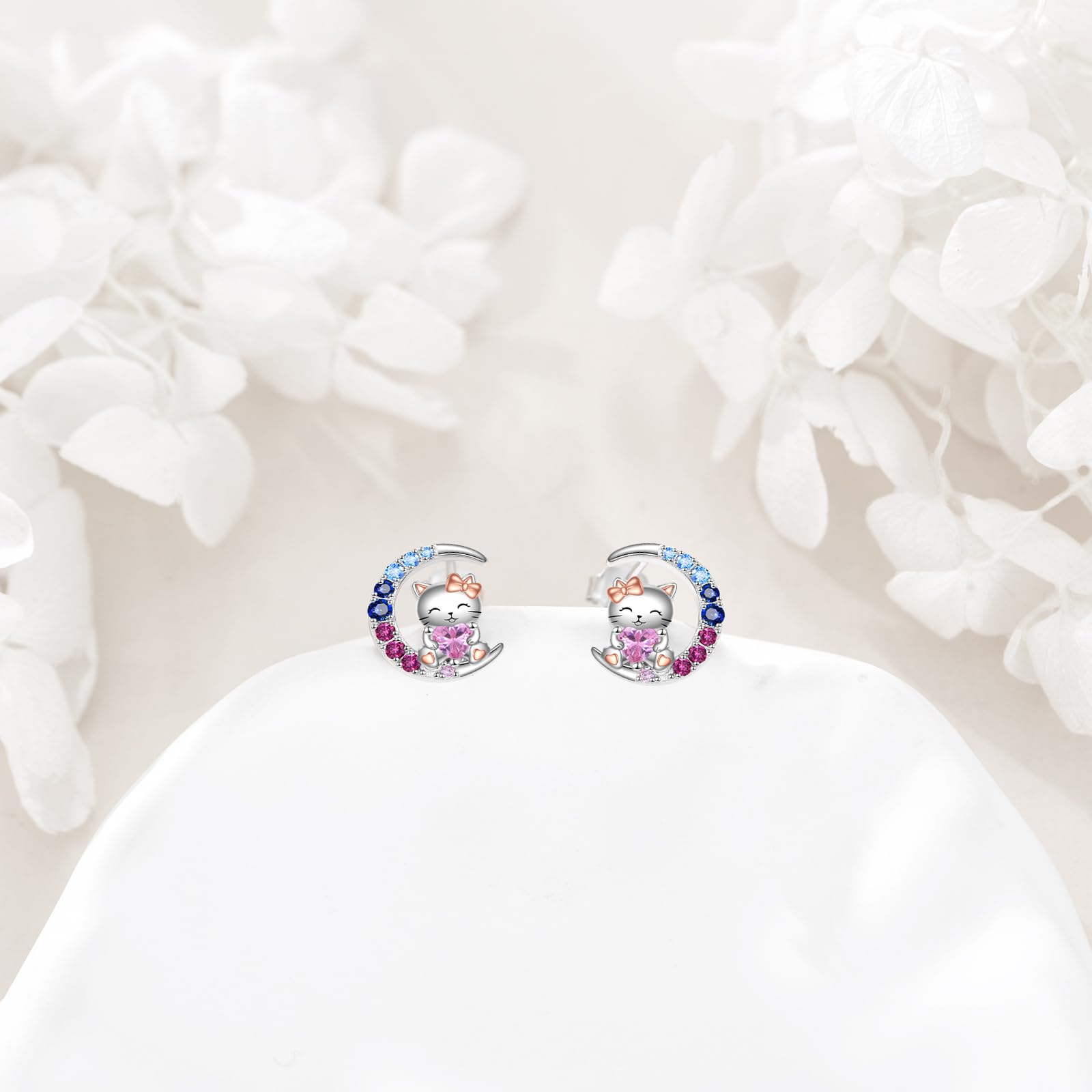 VONALA Mond Mädchen Ohrringe Engel Katze Axolotl Hochlandkuh Hase 925 Sterling Silber Taufe Kommunion Geschenk Schmuck mit Rosa Zirkonia für Damen Mädchen Kinder