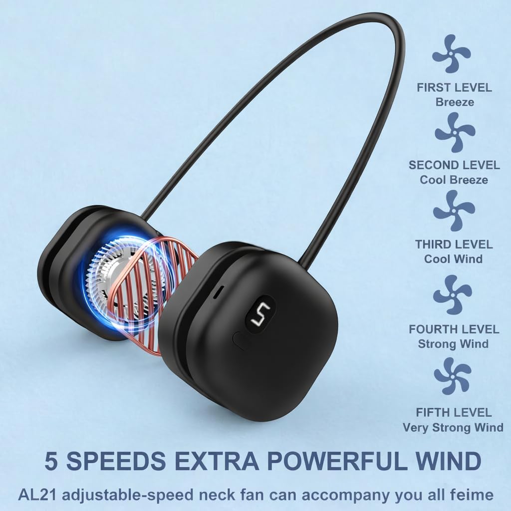 Portable Neck Fans, Wearable Rechargeable Bendable Personal Cooling Fan Neck, 8 Hour, 5 Speeds, 360° Flexible, Lightweight, Summer Gift for Men, Gym, Outdoor Travel, Black