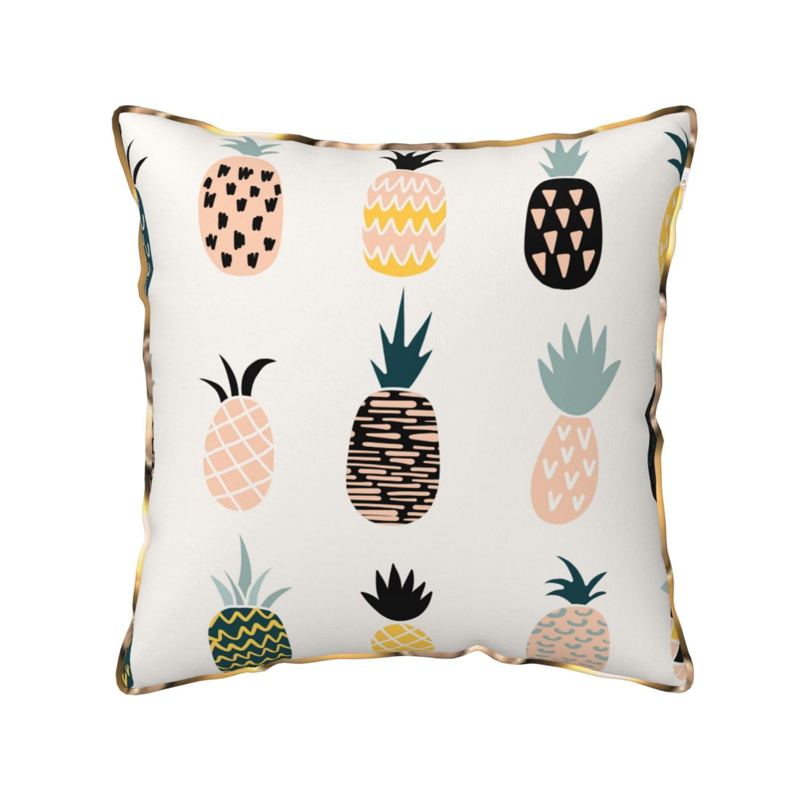 AUBKFELD Pineapple Printed Velvet Cushion Cover 50x50 CM with Gold Edging Strip, Square Pillowcase Soft Throw Pillow Covers Case Decorative for Living Room Sofa Couch Bed Bench