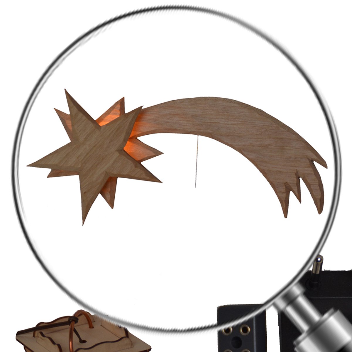 AM 40 Weihnachtskrippen-Zubehör-Set Holzlaterne und Holzkomet beleuchtet für 15-20 cm