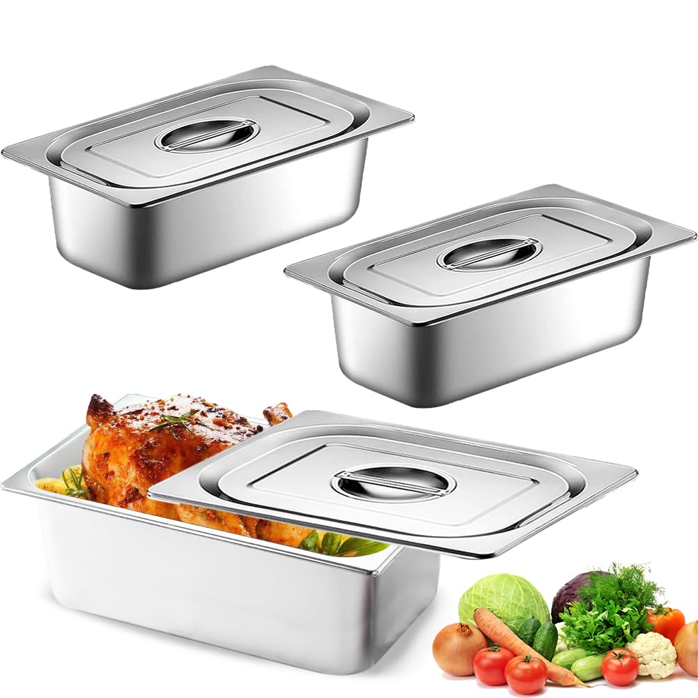 Juego de 3 cuencos para empanar, acero inoxidable 1/3 con tapa, juego de empanado para chuletas, recipientes resistentes al calor, para carne, pescado, metal, camino rectangular