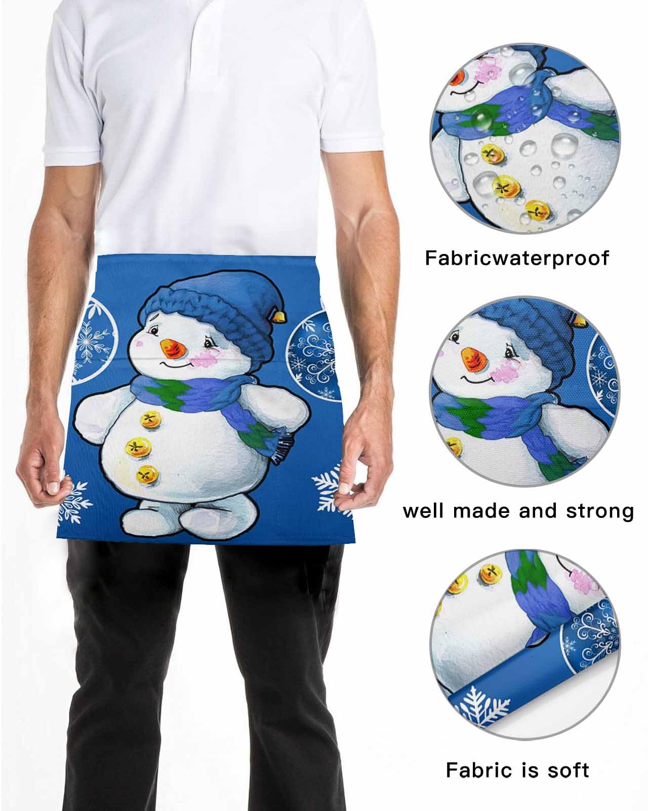 DecorLovee Delantal de camarera de Navidad con 3 bolsillos, muñeco de nieve de Navidad, bolas rojas, copo de nieve, delantal de cocina de media cintura
