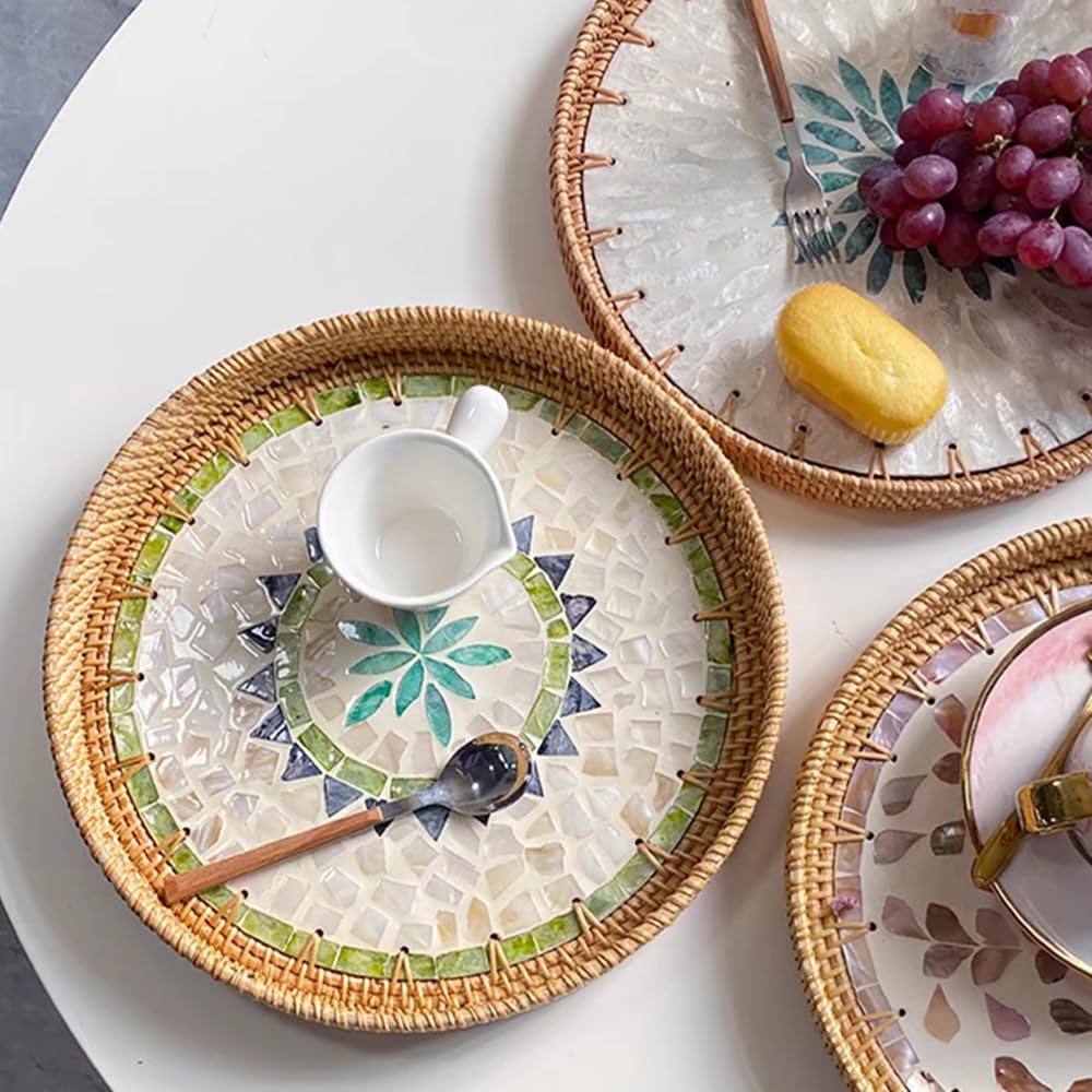 Vassoio da Portata in Rattan Con Manici, Vassoio Decorativo Rotondo Vassoio Cucina, Vassoio Portaoggetti per Caffè, Bevande, Colazione, tè, Pane, Candele