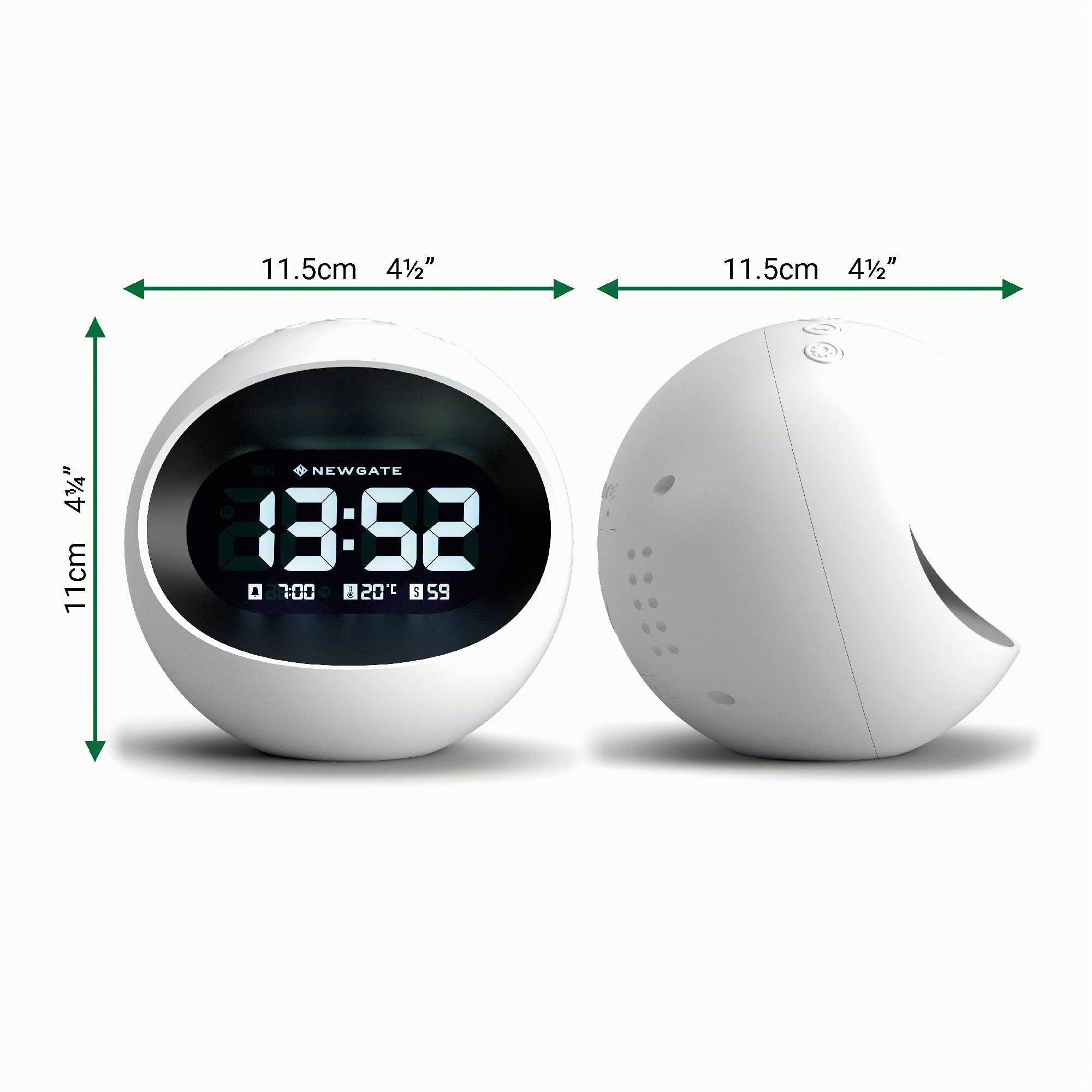 NEWGATE® Centre of The Earth Despertador | Reloj LCD Digital Retro Redondo | Blanco | Ideal para la mesilla, Escritorio o estantería | Accesorio Retro para dormitorios y oficinas